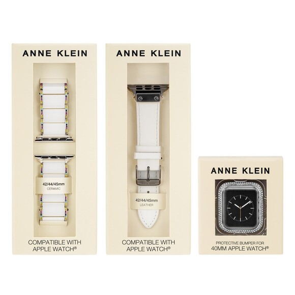 Anne Klein Broadway Collection Ladies Apple Watch Band Set Genuine White Leather